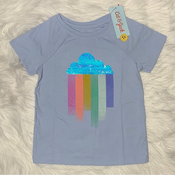 3/$12 Light Blue Girls T-shirt with Rainbow Graphic and Two Way Sequin Cloud - Picture 1 of 5
